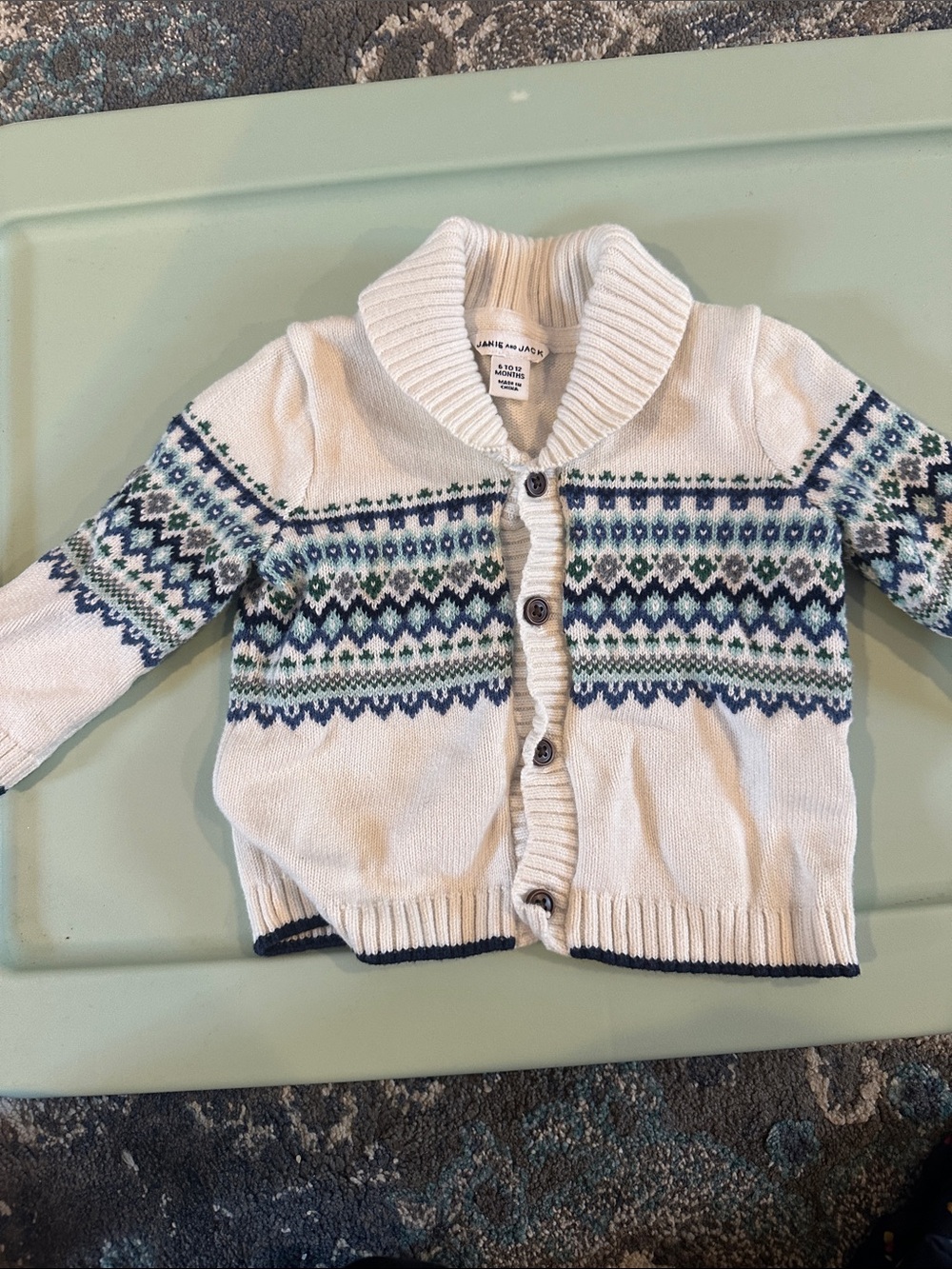 Janie and Jack Cream Fair Isle Cardigan with Blue and Green Accents